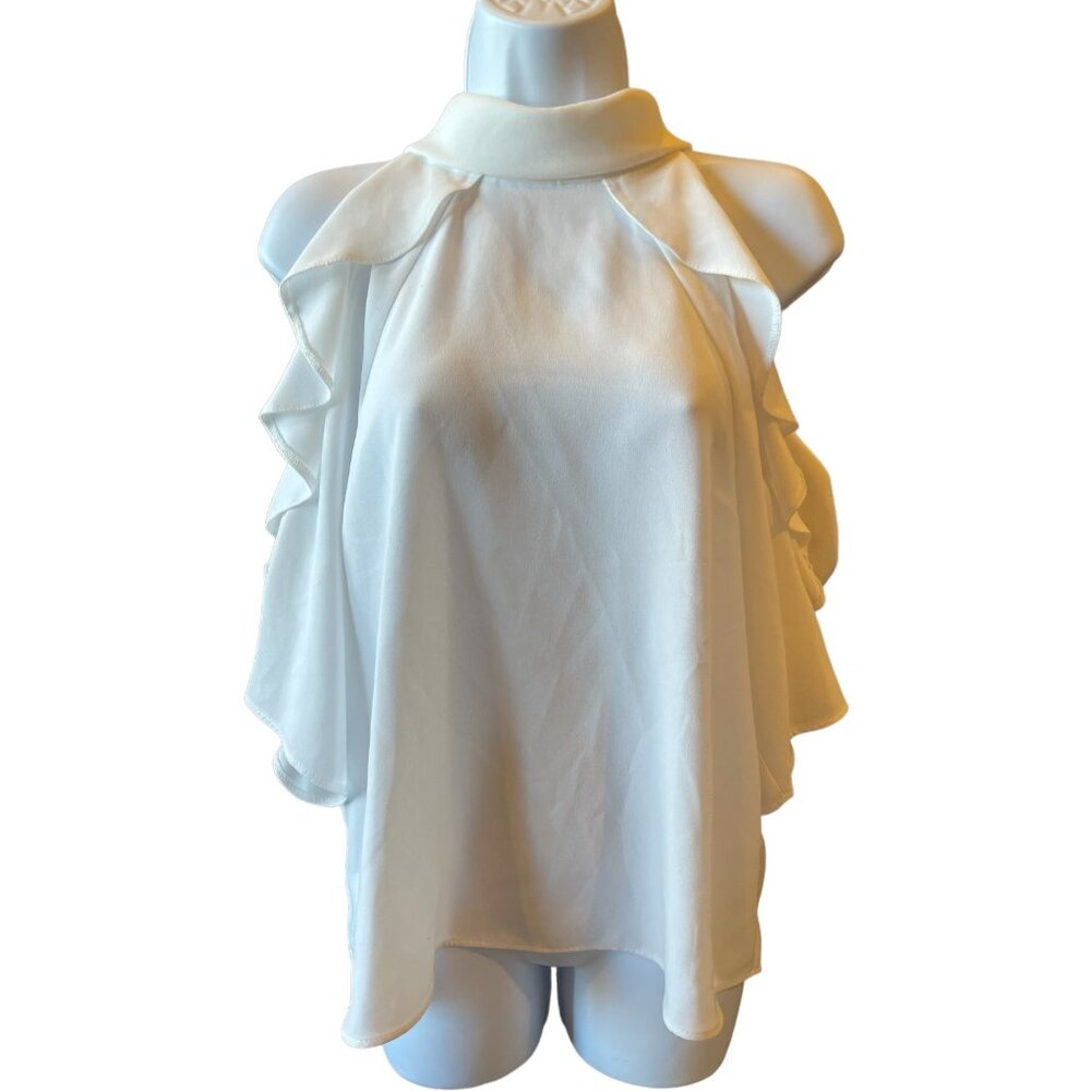 White Sleeveless Topshop Halter Blouse Ruffle Detail Back Button Closure Size 6